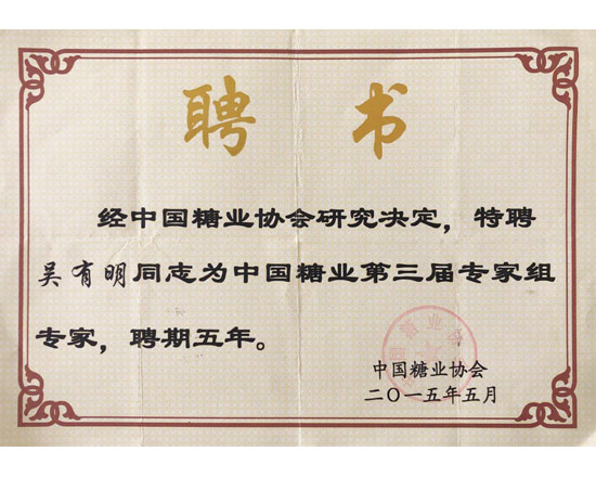 中國糖業(yè)協(xié)會(huì )專(zhuān)家組專(zhuān)家聘書(shū)